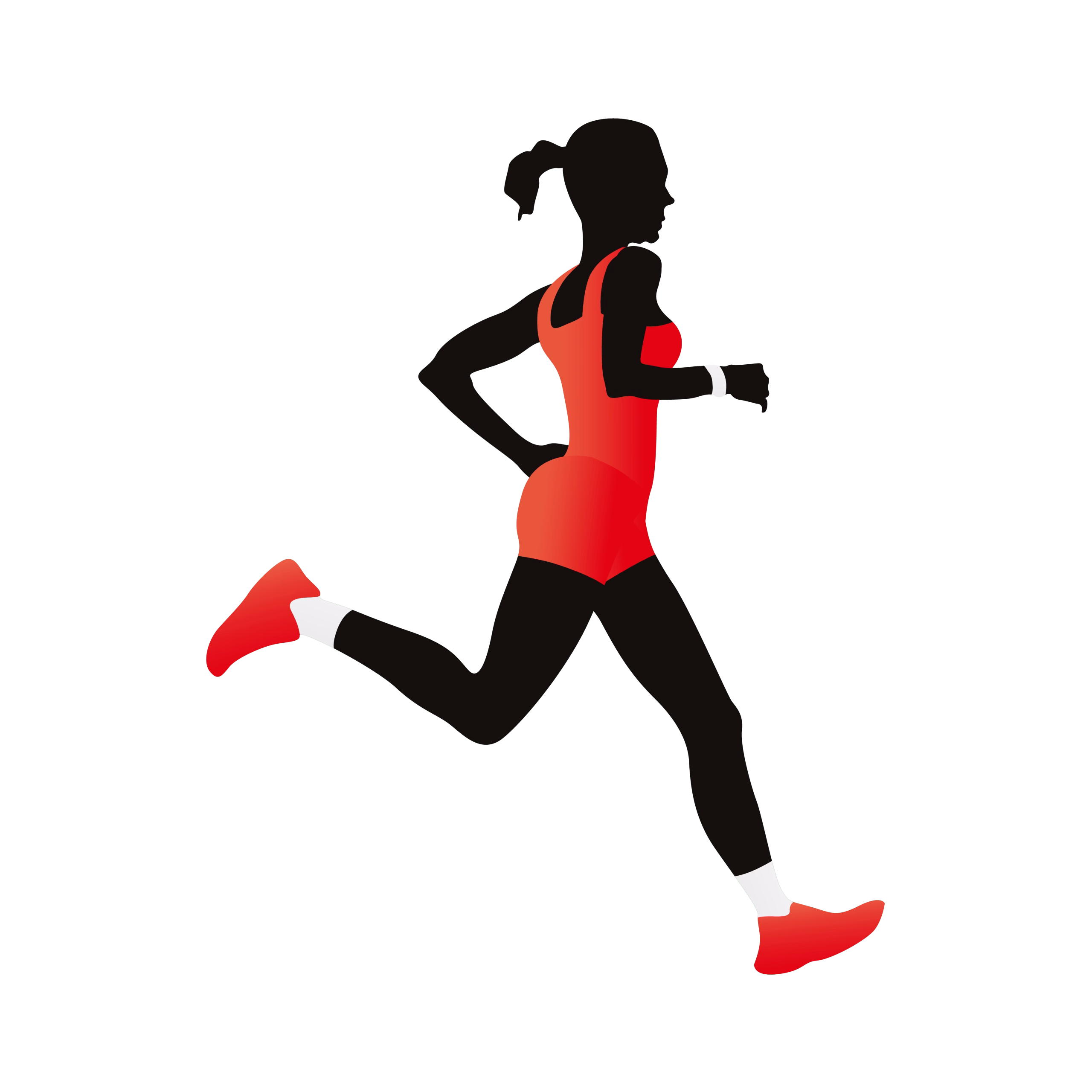 Schwarze und rote Lauf-Silhouette in Sportkleidung in Sprinter-Position, veranschaulicht Freizeit-Sport und Bewegung.
