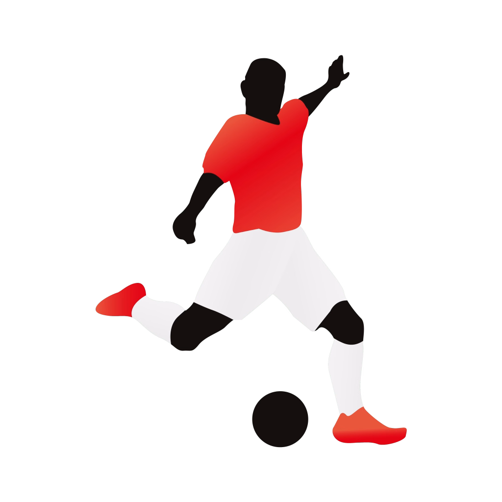 Illustration eines Fußballspielers im Sprung, mit rotem Trikot und Bein ausgestreckt, der einen Ball trifft.