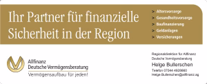 Werbeschild mit Aufschrift „Ihr Partner für finanzielle Sicherheit in der Region“ und Angebotspunkten wie Vorsorge, Baufinanzierung, Geldanlagen und Versicherungen.