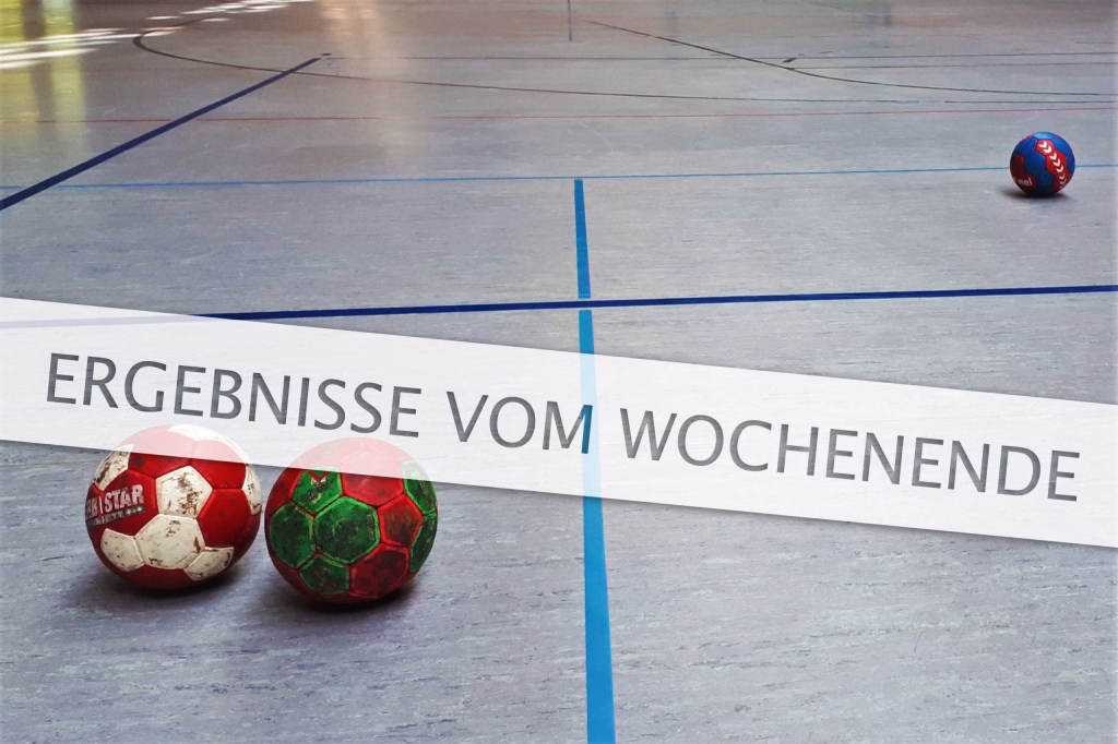 HANDBALL-Ergebnisse vom Wochenende 10 Fußbälle liegen auf dem Spielfeld; farbige Linien markieren die Fläche, überlagert mit dem Hinweis „Ergebnisse vom Wochenende“.