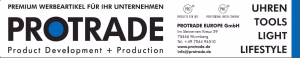 Werbebanner mit Text „PROTRADE“ und Kontaktdaten für Produktentwicklung und Produktion, ergänzt durch Logos und „Uhren Tools Lifestyle Light“.