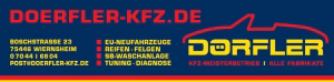 Grafische KFZ-Werkstatt-Übersicht mit Text „DOERFLER-KFZ.DE“, Leistungsauflistung und stilisiertem Fahrzeugumriss als Logo.
