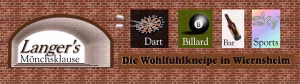 Backsteinwand mit Symboltafeln für Dart, Billard, Bar und Sports sowie Schriftzug einer Vereinsadresse; dient zur Themenübersicht.