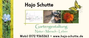 Werbe-Banner: Schmetterling über drei Landschafts-Elementen, rechts Blume, links Gartenwand mit Bank; Text „Gartengestaltung“ und Kontakt.