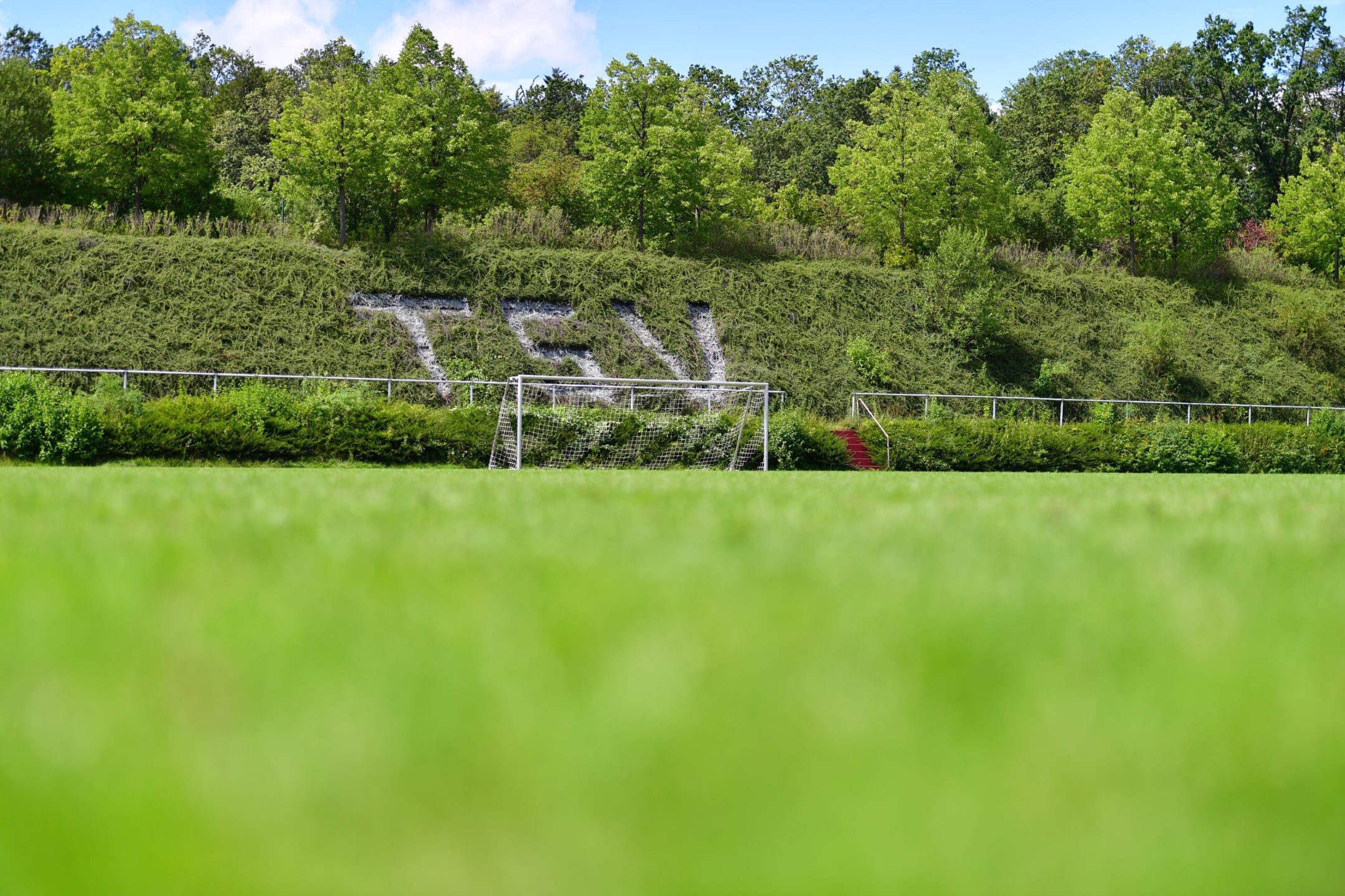 Grüner Fußballrasen im Vordergrund, dahinter zwei Torrahmen und ein schmaler Bachlauf an einer bewachsenen Böschung.