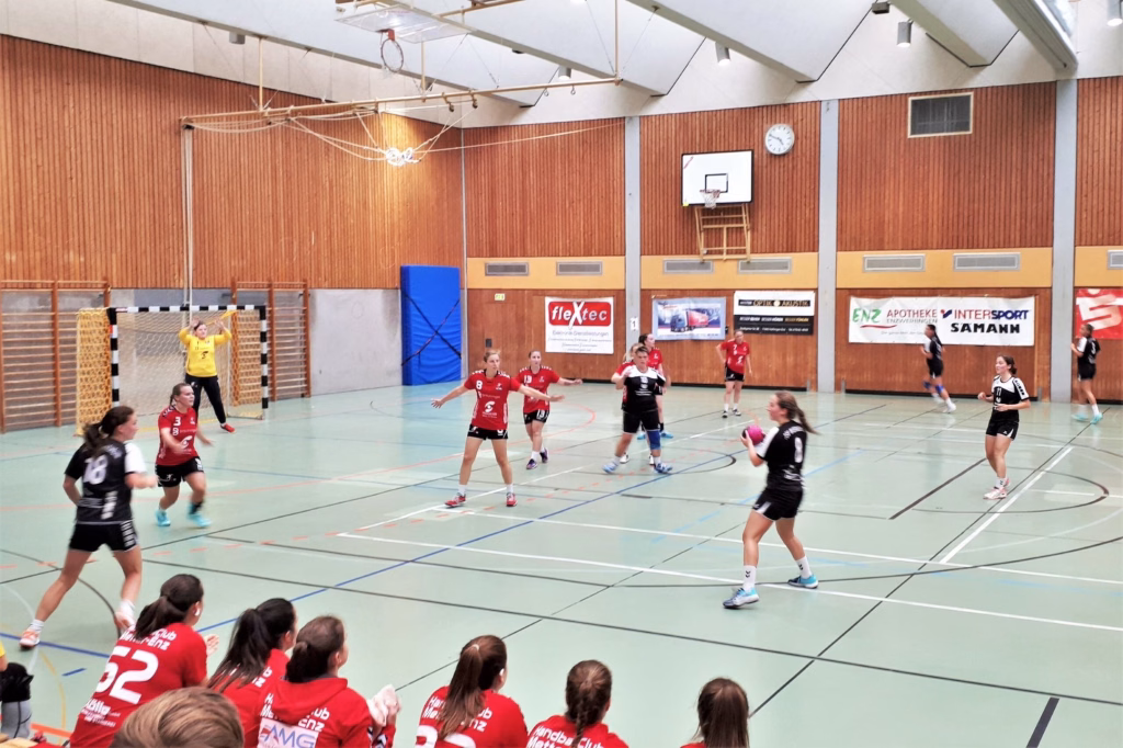 Innenansicht einer Sporthalle: Handballspiel auf dem Feld, Spieler werfen und verteidigen, Zuschauer verfolgen das Geschehen.