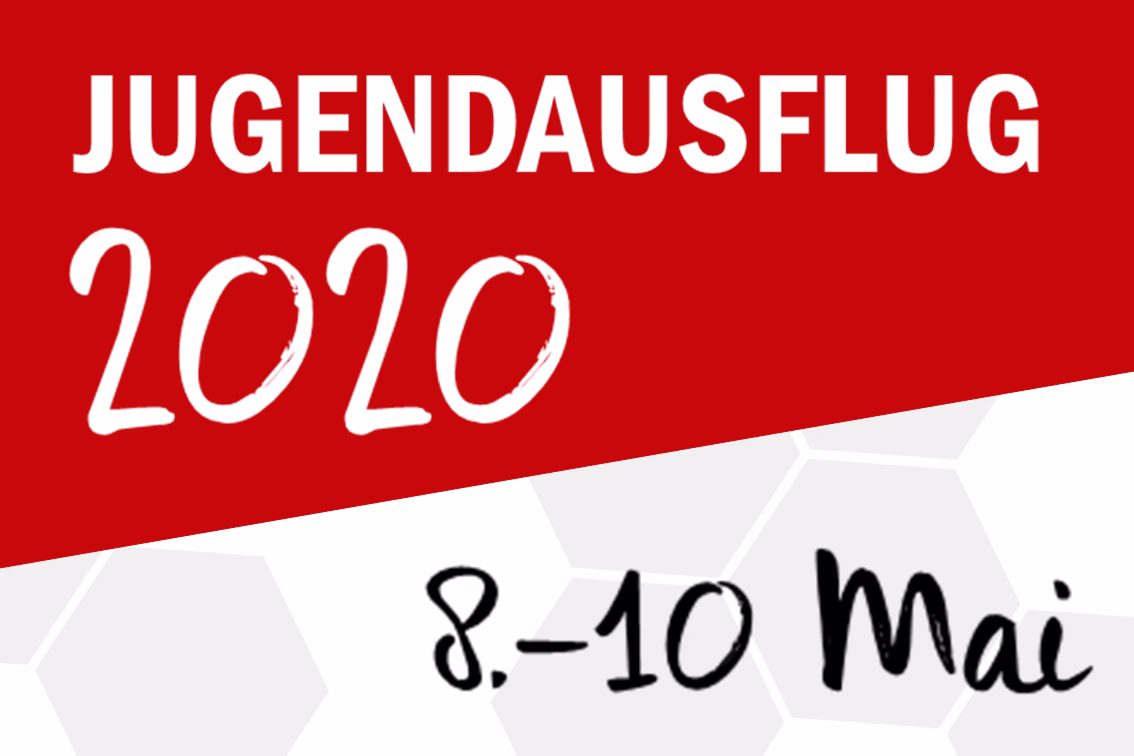 Rotes Design mit großer Aufschrift „JUGENDaUSFLUG“, „2020“ und Datum „8.–10. Mai“, weißem Sternmuster als Hinweis auf den Termin.