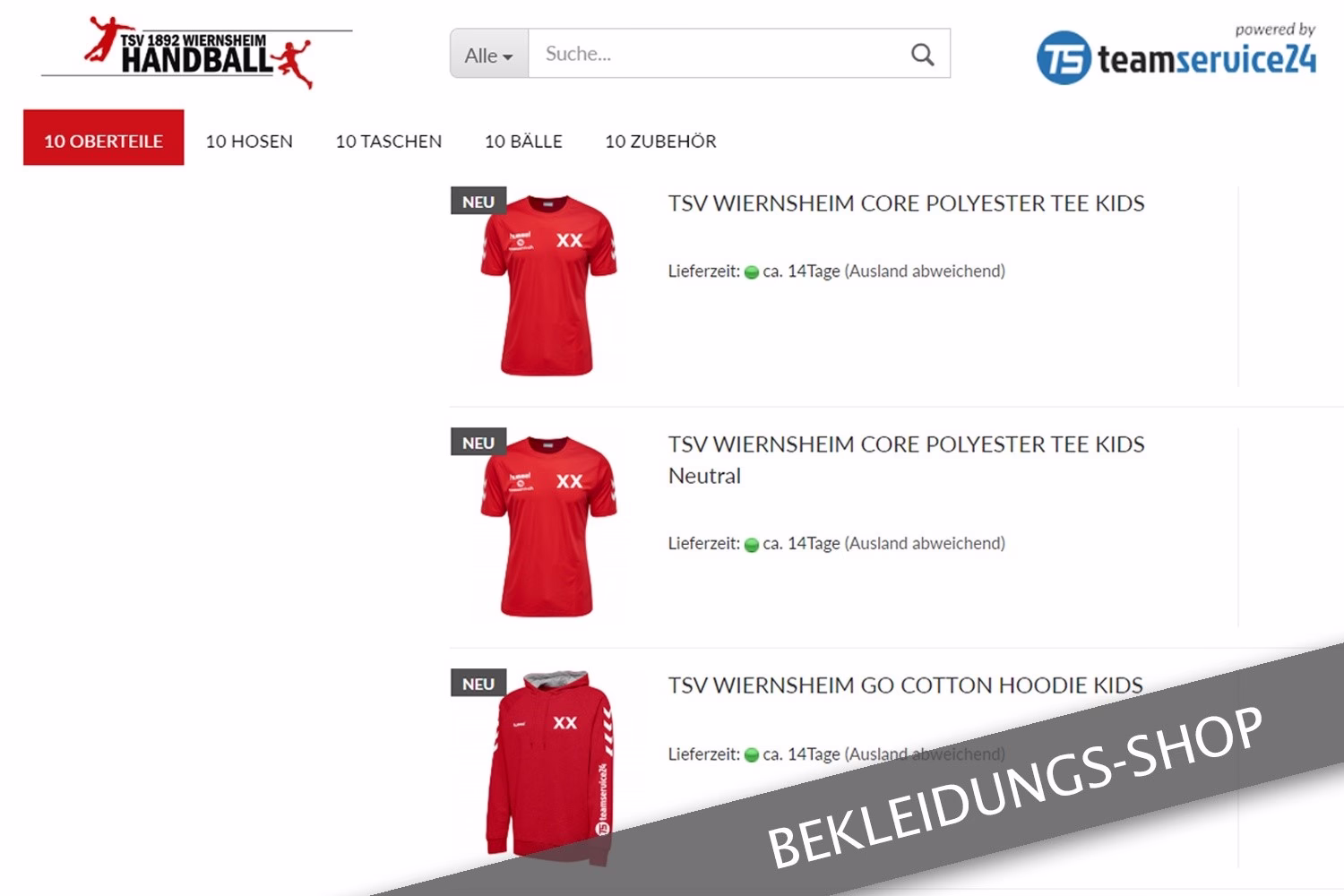 Screenshot eines Bekleidungsshops mit roten Kinder-T-Shirts und Hoodie, Produktliste und Sucheingabe zur Warenansicht.