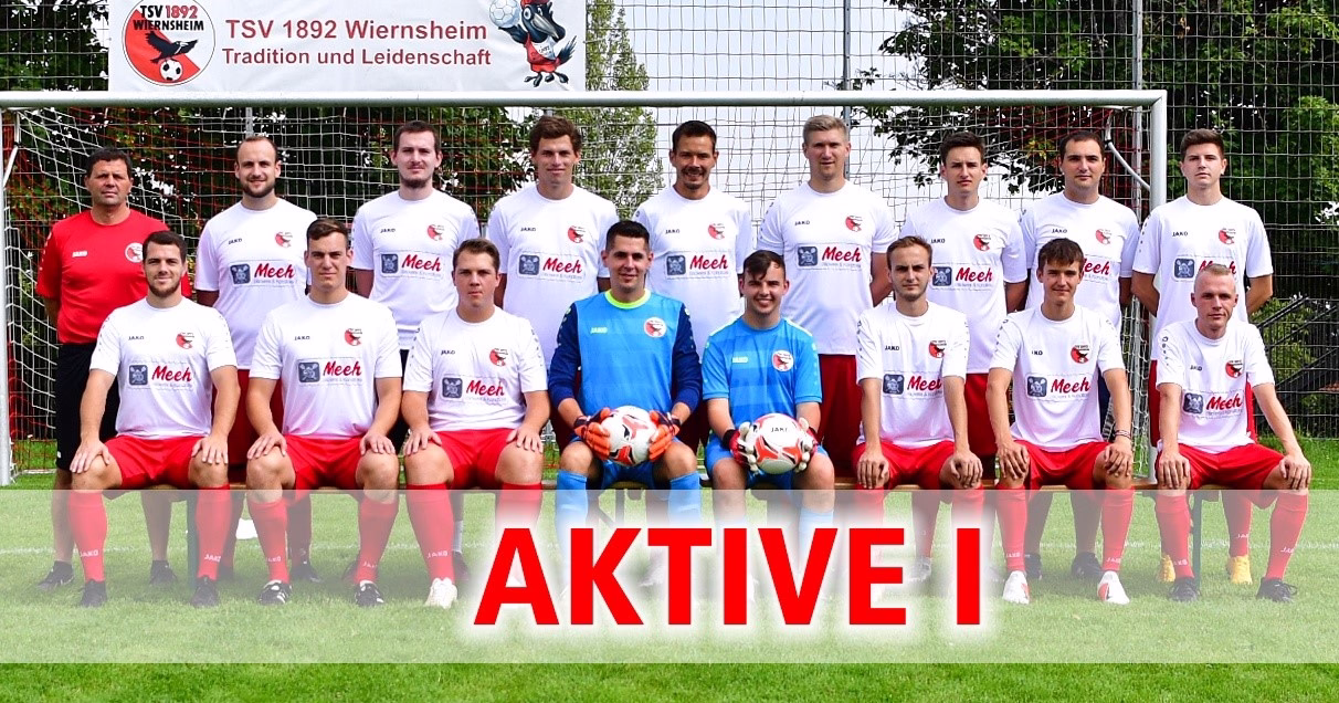 Mannschaftsfoto einer Fußballmannschaft vor Tor, Spieler im einheitlichen Trikot, darunter große Aufschrift „AKTIVE I“.