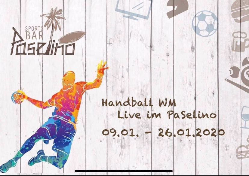 Handball EM 2020 - Public Viewing 7 Bunter Handballspieler springt gegen Logo- und Textgrafik „Handball WM Live im Pasingo“ mit Datum 09.01.–26.01.2020 auf weißem Hintergrund.