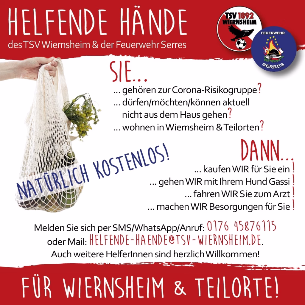 Plakat „Helfende Hände“: Hand hält Einkaufstasche mit Kräutern; Text wirbt für Hilfe bei Einkäufen, Arztfahrten und Besorgungen.