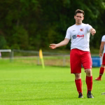 Fußballspieler in rotem Trikot auf dem Rasen, blickt nach vorn und gibt eine Handgestik als Hinweis. Im Hintergrund weitere Spieler im Spiel.