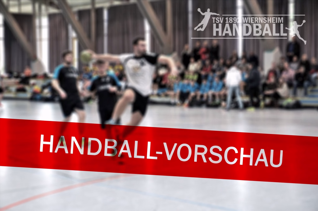 HANDBALL am Wochenende 4 Turnhalle mit Handballteam im Training und roter Banneraufschrift „HANDABALL-VOR SCHA U“ als Ankündigung.